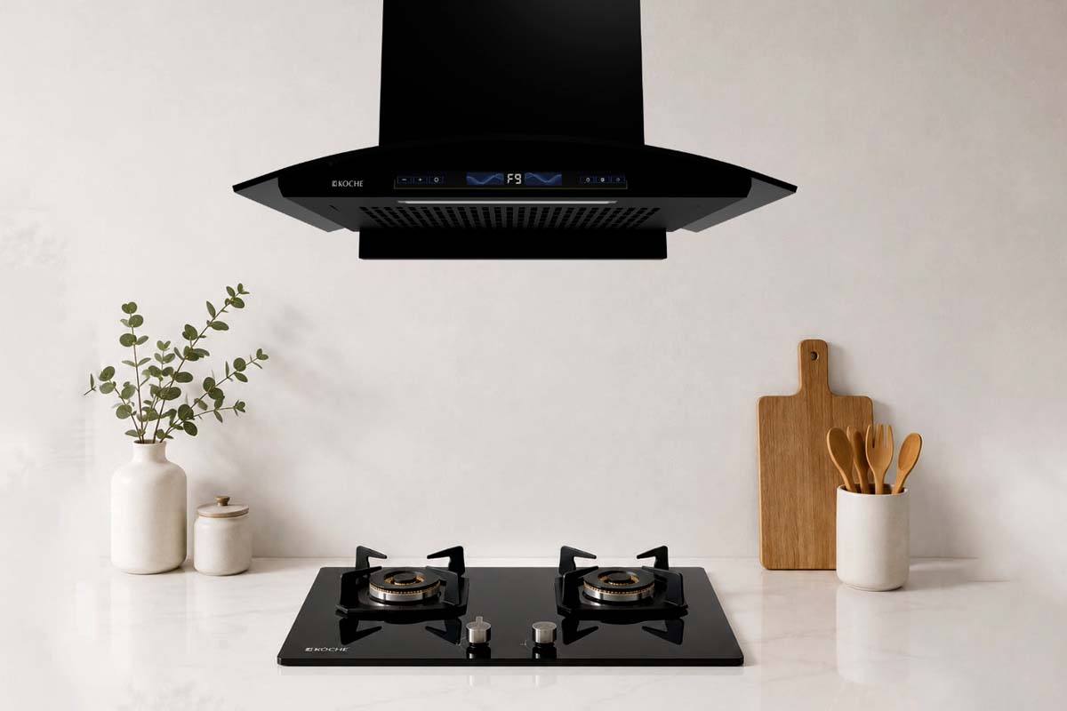 Auto-clean chimney installed in modular kitchen